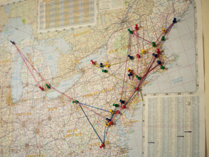 Map of The Tent of Casually Observed Phenologies tour stops, notated by thumbtacks and string