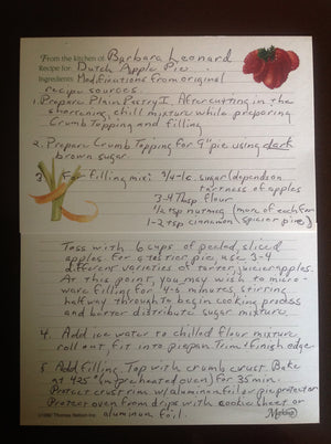 Hand written recipe card by the mother of James Leonard-listing instructions for the making of her Dutch apple pie