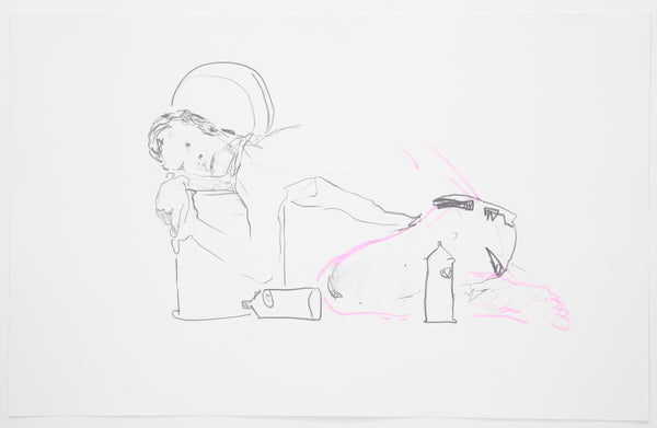 James Leonard - Figure drawing of man huddled over trash can with aerosol cans