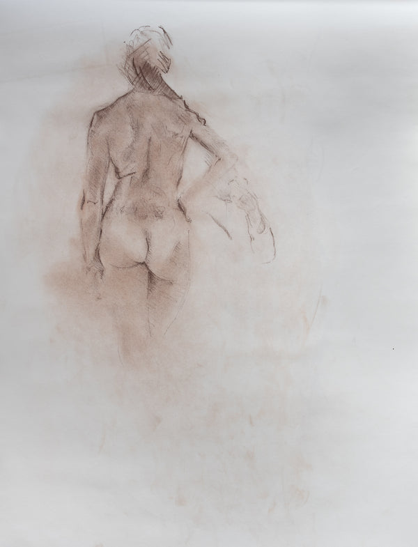 James Leonard - Figure drawing of long haired nude woman from behind