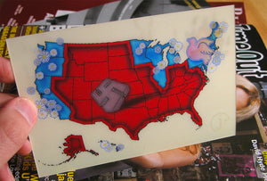 James Leonard - Depicting another angle of Greetings From America lenticular postcard, which shows the outline of conservative middle America on a map and includes a Nazi symbol at the center, while outer liberal edges are adorned by flowers and a dove