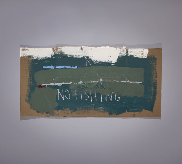 James Leonard - A cool blue painting with white strokes at the top, No Fishing Sign no. 58 is abstractly icy