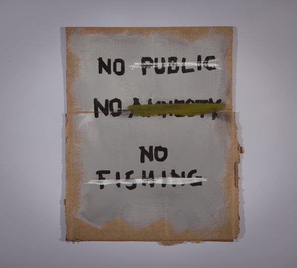 James Leonard - No Fishing Sign no. 120 is awash in light gray; upon it are written three declarations, the central one which reads: no amnesty (with "amnesty" struck through with a stoke of olive paint)