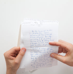James Leonard - Sample text from unSuicide Note, written in blue pen, pages torn out of a metal ring-bound notepad