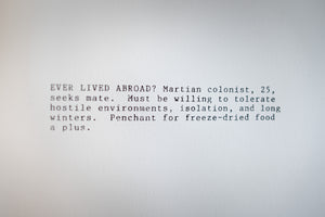 James Leonard - detail image of a personal ad devised for Self Portrait in 3 Phases across 2 Dimensions that begins with the question, ever lived abroad?