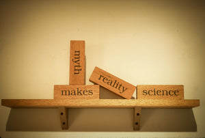 James Leonard - Four wooden blocks, each with one word, arranged in a pattern to spell out, myth makes reality science