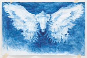 James Leonard - Blue watercolor from the collection of last rocket drawings. In it, a cylinder is attached to feathered wings.