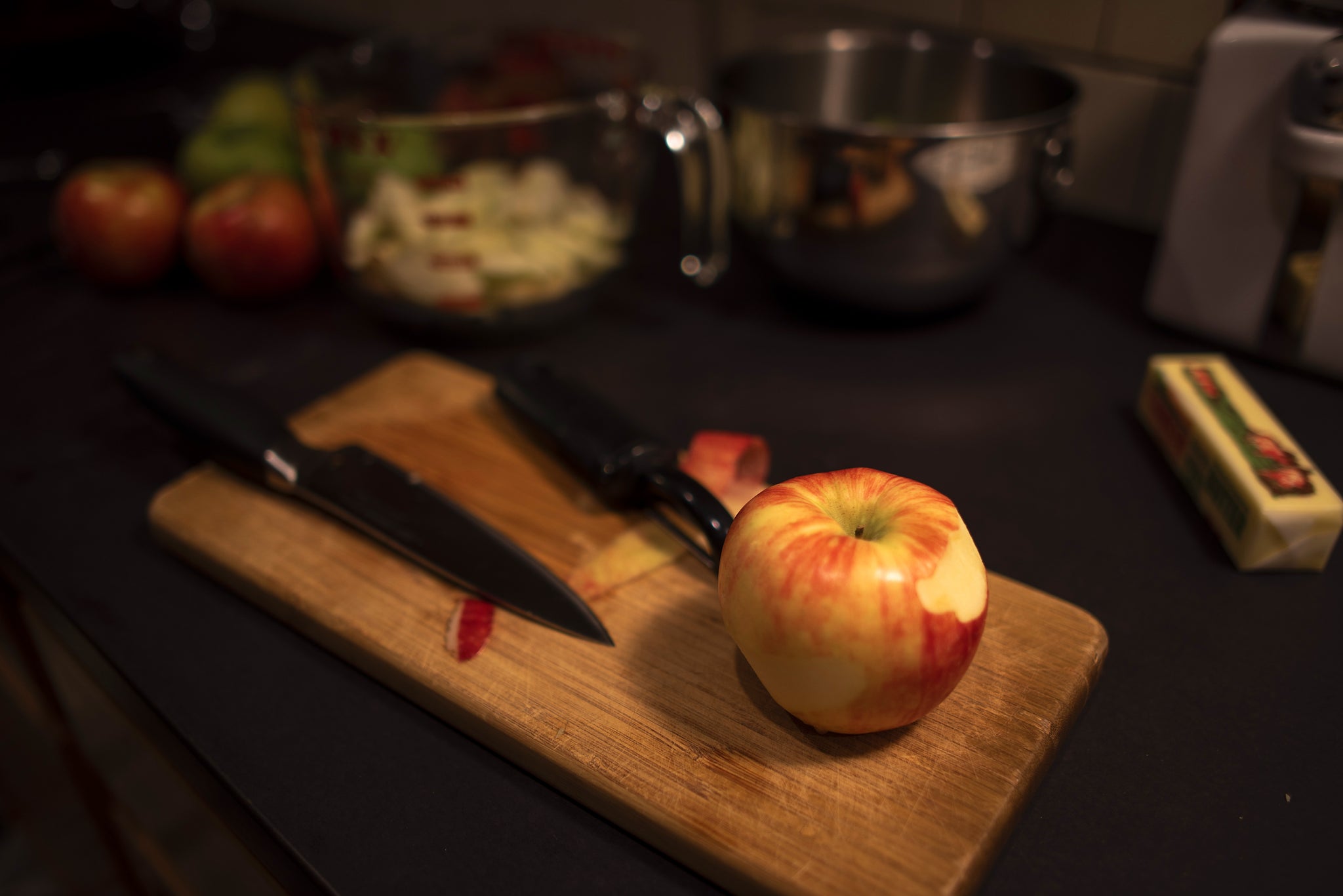Pie ingredients assembled in kitchen-for the making of James Leonard's My Mother's Dutch Apple Pie, 2004