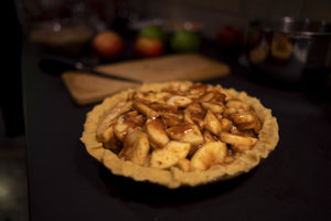 Kitchen image mid-process of making pie featured in James Leonard's My Mother's Dutch Apple Pie offering, 2004