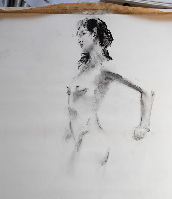 James Leonard - Figure drawing of nude woman flexing, arm back