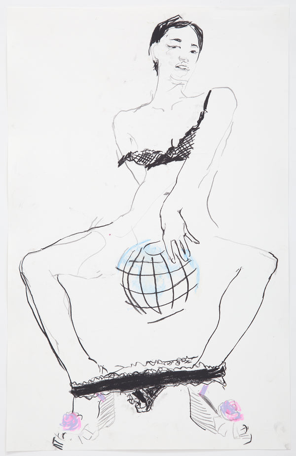 James Leonard - Figure drawing of woman, underwear at ankles and globe of earth obstructing crotch