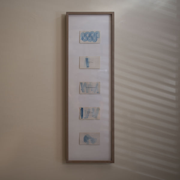 James Leonard - framed stack of 5 blue watercolors painted on white index cards