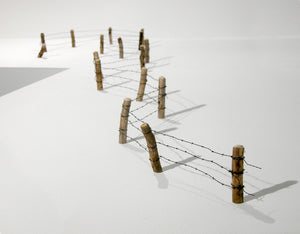 James Leonard - Close up of Running Fence no. 2 as it zig zags across a white surface; cascading shadows from wire and wooden posts are visible, adding further dimension to the gallery installation