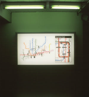 James Leonard - Wide shot of an installation of Greyline, a glowing map of a non-existent subway line in Chicago