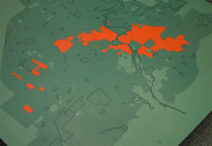 James Leonard - Hold Me Close view of Silkscreen. Map of Ann Arbor, Michigan with city parks and university properties highlighted.
