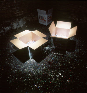 James Leonard - Hopeful installation set on a dirt floor, with cardboard boxes surrounded by confetti