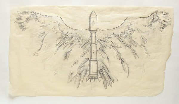 James Leonard - Last Rocket drawing in graphite, depicting a Dr. Strange Love type missile at center with detailed, feathered wings attached