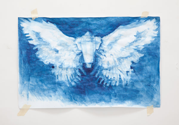 James Leonard - Last Rocket painting in blue watercolor on graph paper, depicting fuselage body with feathered wings