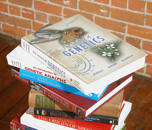 James Leonard - Detail image of textbooks used in the installation, Lockdown, including titles such as, The Science of Genetics, A Guide to the Natural World, Evolutionary Wars, and The Origin of Species