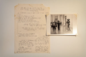 James Leonard - Thoughts written on lined paper about the experience of participating in Mute, alongside a black-and-white photo of the action, taken by Steven Henry. 