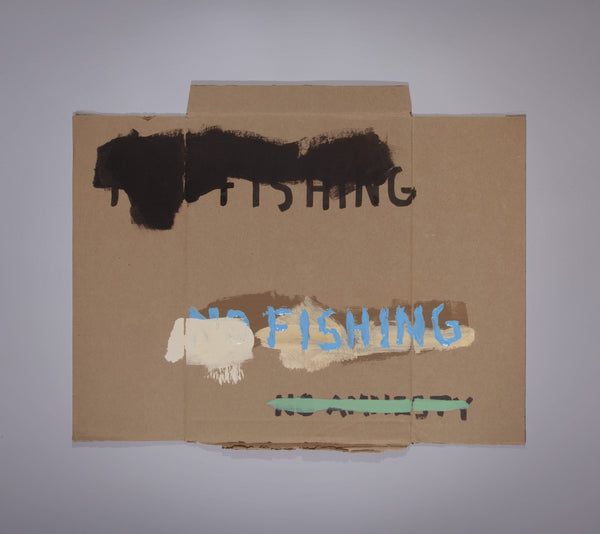 James Leonard - No Fishing Sign no. 94 with a matte black ink blob; the words no amnesty are struck through