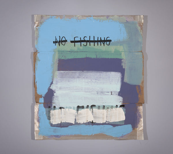 James Leonard - No Fishing Sign no. 103 is comprised of stacked blocks of color, moving from a base of sky blue, to light green, to muted violet, and ending in white