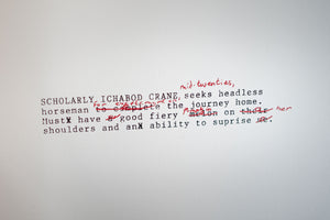 James Leonard - detail image of a personal ad draft, with edits marked in red ink
