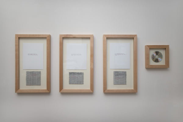 James Leonard - Image taken of the installation, Self Portrait in 3 Phases across 2 Dimensions, which includes four types of documentation, each displayed in a light wooden frame