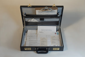 James Leonard - Briefcase used during Sky & Culture performance, propped open to display paper ephemera