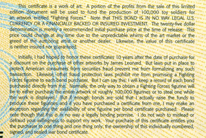 James Leonard - Text detail from the Warbonds Certificate saying that a portion of the profits from the sale of this document will be used to fund 100,000 toy soldiers