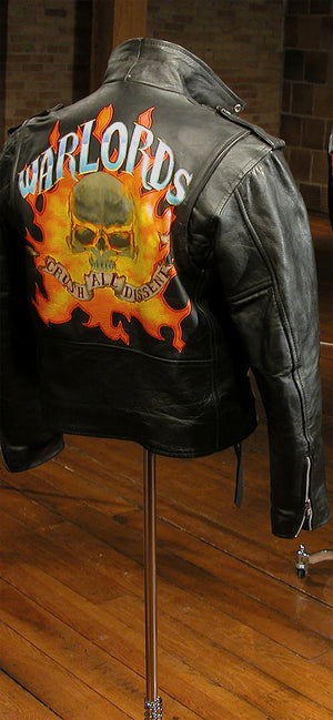 James Leonard - Warlords detail image, depicting backside stitching of a black leather jacket used in the installation