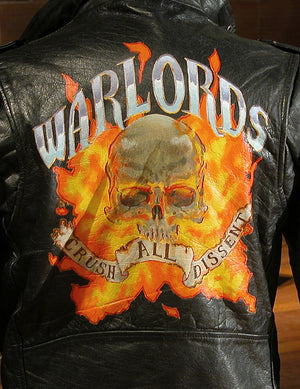 James Leonard - Detail of the painting recreated on each Warlords jacket, which says: crush all dissent