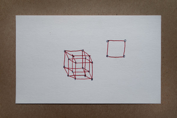 James Leonard - Two drawings on an index card, of a 2-dimensional shape and a 4-dimensional cube